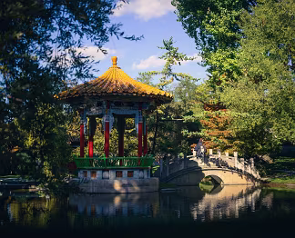 A Glimpse of Tranquility Partially concealed by the surrounding foliage, a golden-roofed pavilion emerges from the shadows. Beyond it, a stone bridge arches gracefully over still...